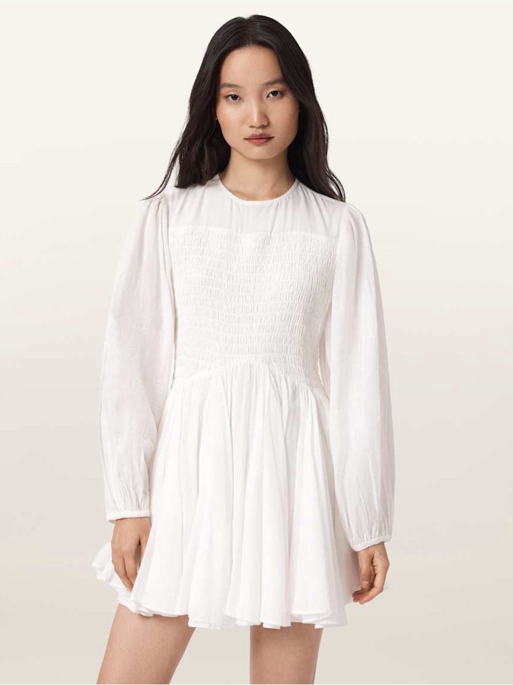AllSaints Chia Smocked Mini Dress White Long Sleeve Size 0 NWOT